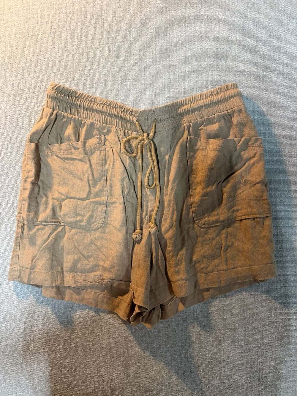 Rae Mode Women Beige Drawstring Elastic Waist Casual Linen Shorts Pockets
